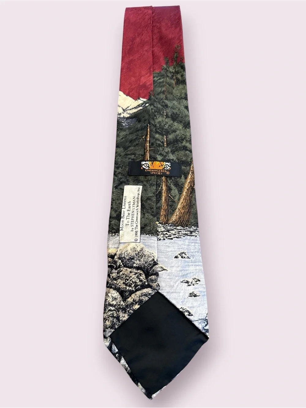 VTG Endangered Species silk necktie features a detailed grizzly bear in a forest